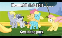 Size: 960x600 | Tagged: suggestive, derpibooru import, edit, edited screencap, screencap, derpy hooves, dizzy twister, fluttershy, orange swirl, rumble, sassaflash, pegasus, pony, hurricane fluttershy, caption, colt, dizzaflash, female, hug, image macro, implied sex, lesbian, male, mare, mounting, out of context, ponies standing next to each other, shipping, windswept mane