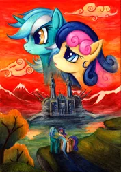 Size: 700x990 | Tagged: safe, artist:lavosvsbahamut, derpibooru import, bon bon, lyra heartstrings, sweetie drops, earth pony, pony, unicorn, cloud, colored pencil drawing, crossover, female, lesbian, lyrabon, macross, mare, mountain, parody, photoshop elements, poster, robotech, sdf 1, shipping, smiling, traditional art