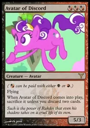 Size: 480x680 | Tagged: safe, derpibooru import, edit, edited screencap, screencap, screwball, earth pony, pony, the return of harmony, avatar of discord, card, female, floating, green sky, magic the gathering, mare, solo, trading card edit