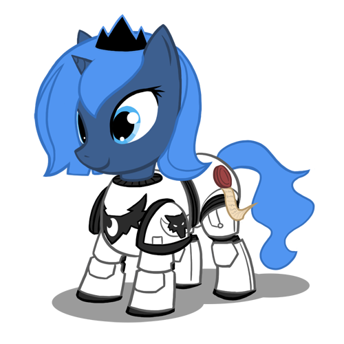 Size: 500x500 | Tagged: safe, artist:atticus83, derpibooru import, princess luna, pony, armor, crossover, cute, female, filly, foal, horus heresy, implied horus heresy, luna wolves, lunabetes, photoshop, ponyarch, power armor, powered exoskeleton, primarch, purity seal, simple background, solo, this will end in heresy, this will end in tears, this will end in tears and/or death, warhammer (game), warhammer 30k, warhammer 40k, woona, woona wolves