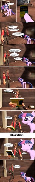 Size: 1444x7500 | Tagged: safe, derpibooru import, twilight sparkle, human, pony, unicorn, 3d, book, comic, duo, female, gmod, gun, human male, male, mare, rifle, sniper, team fortress 2, weapon