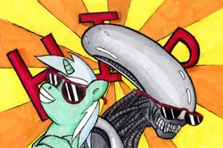 Size: 1434x952 | Tagged: safe, artist:darkone10, derpibooru import, lyra heartstrings, alien, pony, unicorn, xenomorph, abstract background, alien (franchise), duo, female, hip, i don't get it, makes no sense, mare, smug, sunglasses, wat