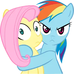 Size: 1007x1011 | Tagged: safe, artist:kurokaji11, artist:madmax, derpibooru import, edit, fluttershy, rainbow dash, pegasus, pony, angry, female, flutterdash, frown, glare, hostage, hug, lesbian, looking at you, mare, mine!, possessive, recolor, shipping, simple background, transparent background, vector, wide eyes