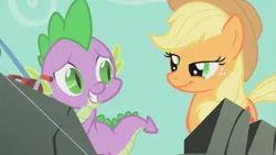 Size: 853x480 | Tagged: safe, derpibooru import, screencap, applejack, spike, dragon, earth pony, pony, a dog and pony show, duo, female, fishing rod, grin, lidded eyes, looking at each other, male, mare, out of context, smiling, smirk