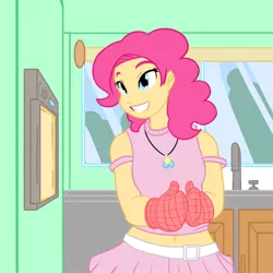 Size: 500x500 | Tagged: artist:atticus83, belly button, clothes, cooking, derpibooru import, female, grin, happy, human, humanized, midriff, oven, oven mitts, photoshop, pinkie pie, safe, skirt, smiling, solo