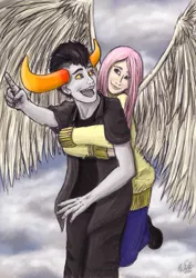 Size: 600x849 | Tagged: artist:launchycat, clothes, crossover, derpibooru import, female, fluttershy, flying, homestuck, hug, hug from behind, human, humanized, male, safe, sweater, sweatershy, tavroshy, tavros nitram, winged humanization, wings