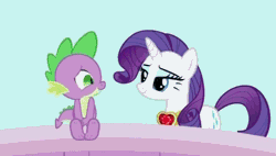 Size: 524x297 | Tagged: safe, derpibooru import, screencap, rarity, spike, dragon, pony, unicorn, secret of my excess, animated, bridge, female, fire ruby, kiss on the cheek, kissing, male, mare, rarity kisses spike, shipping fuel, sitting