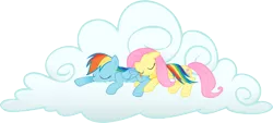 Size: 2651x1200 | Tagged: safe, artist:kurokaji11, derpibooru import, fluttershy, rainbow dash, pegasus, pony, cloud, female, flutterdash, lesbian, mare, pillow, pony pillow, shipping, simple background, sleeping, smiling, transparent background