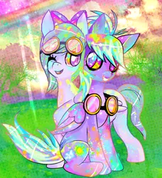 Size: 624x684 | Tagged: safe, artist:chalnsaw, derpibooru import, cloudchaser, flitter, pegasus, pony, abstract background, duo, duo female, female, goggles, mare, smiling