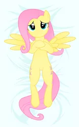 Size: 2488x4000 | Tagged: safe, artist:kurokaji11, derpibooru import, fluttershy, pegasus, pony, bed, body pillow, body pillow design, female, looking at you, mare, on back, solo