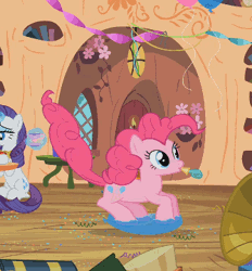 Size: 334x360 | Tagged: safe, derpibooru import, screencap, pinkie pie, rarity, earth pony, pony, unicorn, secret of my excess, animated, balloon, bouncing, female, golden oaks library, jumping, mare, pinkie being pinkie, pronking