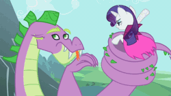 Size: 720x405 | Tagged: safe, derpibooru import, screencap, rarity, spike, dragon, pony, unicorn, secret of my excess, :p, adult spike, animated, blah blah blah, cape, clothes, duo, female, frown, glare, male, mare, mocking, nag nag nag, open mouth, prehensile tail, spikezilla, tail hold, talking, tongue out