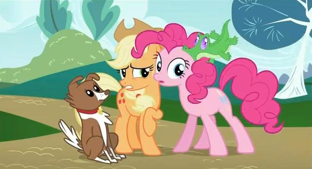 Size: 638x346 | Tagged: safe, derpibooru import, screencap, applejack, gummy, pinkie pie, winona, alligator, dog, earth pony, pony, may the best pet win, female, mare, raised hoof, sideways glance