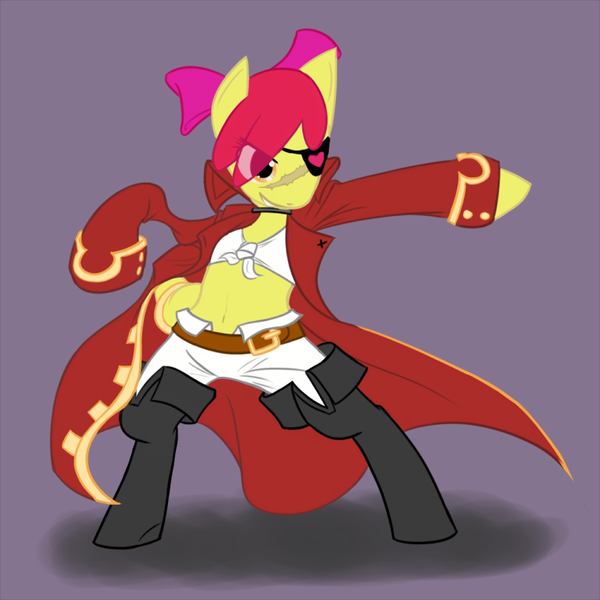 Size: 750x750 | Tagged: safe, artist:atticus83, derpibooru import, apple bloom, pony, semi-anthro, action pose, bipedal, clothes, eyepatch, female, pirate, scarred, simple background, solo
