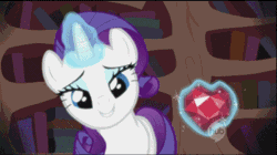 Size: 340x191 | Tagged: safe, derpibooru import, screencap, rarity, pony, unicorn, secret of my excess, animated, female, fire ruby, golden oaks library, hub logo, kissing, mare, offscreen character, pov, solo
