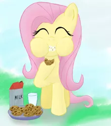 Size: 900x1029 | Tagged: safe, artist:infera1, derpibooru import, fluttershy, pegasus, pony, cookie, eating, eyes closed, female, mare, milk, puffy cheeks, smiling, solo