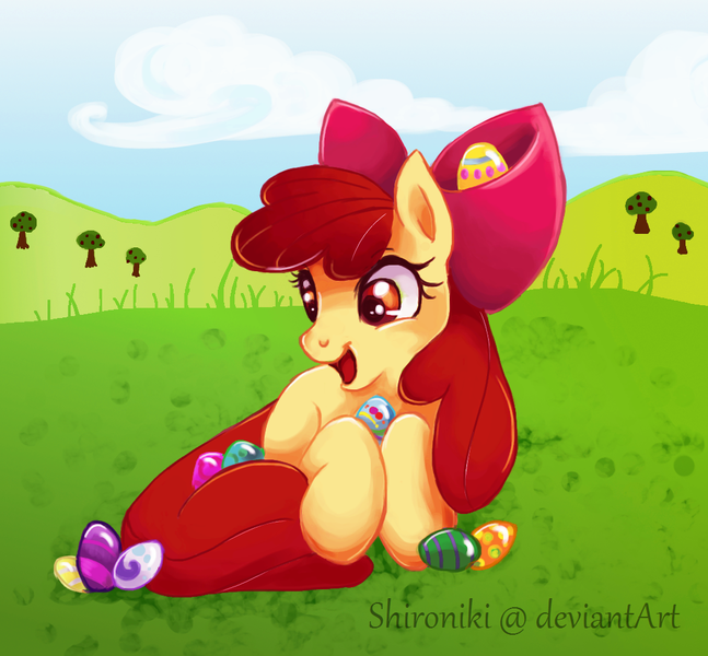 Size: 1041x965 | Tagged: safe, artist:shironiki, derpibooru import, apple bloom, earth pony, pony, adorabloom, cute, easter, easter egg, female, filly, open mouth, prone, smiling, solo