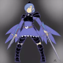 Size: 750x750 | Tagged: armor, artist:atticus83, derpibooru import, dual wield, female, gradient background, human, humanized, paint tool sai, princess luna, s1 luna, safe, solo, sword, weapon, winged humanization, wings