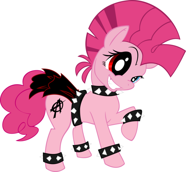 Size: 3626x3342 | Tagged: safe, artist:grinning-alex, derpibooru import, pinkie pie, earth pony, pony, comic:a piece of pie, alternate hairstyle, bracelet, choker, evil grin, female, grin, heterochromia, high res, mare, mohawk, punk, punkie pie, raised hoof, simple background, solo, spiked choker, spiked wristband, transparent background, vector