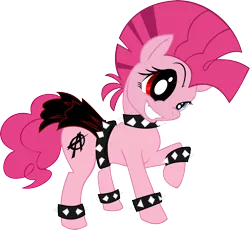 Size: 3626x3342 | Tagged: safe, artist:grinning-alex, derpibooru import, pinkie pie, earth pony, pony, comic:a piece of pie, alternate hairstyle, bracelet, choker, evil grin, female, grin, heterochromia, high res, mare, mohawk, punk, punkie pie, raised hoof, simple background, solo, spiked choker, spiked wristband, transparent background, vector