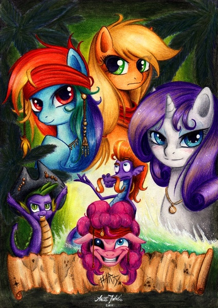 Size: 800x1131 | Tagged: safe, artist:lavosvsbahamut, derpibooru import, applejack, pinkie pie, rainbow dash, rarity, spike, steven magnet, dragon, earth pony, pegasus, pony, sea serpent, unicorn, colored pencil drawing, coloured pencil, crossover, female, gel pen, male, mare, movie poster, parody, pencil, photoshop elements, pirate, pirates of the caribbean, poster, shipping, traditional art, watercolor painting, watercolour