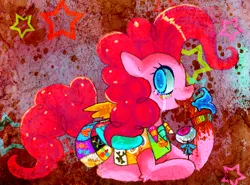 Size: 840x620 | Tagged: grimdark, artist:chalnsaw, derpibooru import, pinkie pie, earth pony, pony, fanfic:cupcakes, abstract background, blood, crying, eyeball, female, mare, prone, solo