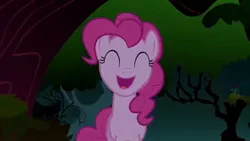 Size: 640x360 | Tagged: safe, derpibooru import, screencap, pinkie pie, earth pony, pony, friendship is magic, everfree forest, eyes closed, female, forest, mare, singing, solo