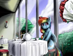 Size: 1920x1483 | Tagged: safe, artist:aphexangel, derpibooru import, rainbow dash, pegasus, pony, crepuscular rays, cup, date, female, interior, looking at you, mare, restaurant, rose, sitting, smiling, solo, table, teapot, window