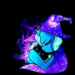 Size: 740x738 | Tagged: safe, artist:chalnsaw, derpibooru import, trixie, pony, unicorn, cape, clothes, eyes closed, female, hat, magic, mare, profile, solo, trixie's cape, trixie's hat