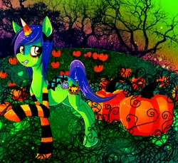 Size: 600x550 | Tagged: safe, artist:chalnsaw, derpibooru import, oc, oc:eve spook, unofficial characters only, pony, unicorn, clothes, female, mare, pumpkin, pumpkin patch, raised hoof, socks, solo, striped socks, tree