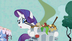 Size: 476x269 | Tagged: safe, derpibooru import, screencap, rarity, pony, unicorn, party of one, animated, female, mare, near vomit, smelly, sock, solo, trash, trash can, visible stench
