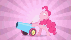 Size: 389x219 | Tagged: safe, derpibooru import, edit, edited screencap, screencap, pinkie pie, rarity, earth pony, pony, unicorn, sweet and elite, animated, clothes, dress, female, giant hat, hat, haters gonna hate, mare, party cannon