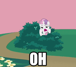 Size: 342x301 | Tagged: safe, derpibooru import, edit, edited screencap, screencap, scootaloo, sweetie belle, pegasus, pony, unicorn, hearts and hooves day (episode), animated, bush, bushicorn, duo, female, filly, hearts and hooves day, impact font, oh come on, reaction image, zip lines