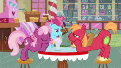 Size: 480x270 | Tagged: safe, derpibooru import, screencap, big macintosh, cheerilee, cup cake, earth pony, pony, hearts and hooves day (episode), animated, eye contact, female, hearts and hooves day, looking at each other, loop, male, mare, milkshake, stallion, sugarcube corner