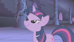 Size: 853x480 | Tagged: safe, derpibooru import, screencap, twilight sparkle, pony, unicorn, friendship is magic, castle of the royal pony sisters, female, lidded eyes, mare, out of context, solo, unicorn twilight