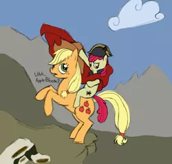 Size: 1542x1467 | Tagged: safe, artist:troggle, derpibooru import, apple bloom, applejack, earth pony, pony, apple sisters, cape, clothes, costume, female, filly, fine art parody, foal, mare, napoleon bonaparte, napoleon crossing the alps, ponies riding ponies, rearing, siblings, sisters
