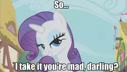 Size: 853x480 | Tagged: safe, derpibooru import, edit, edited screencap, screencap, rarity, pony, unicorn, female, image macro, mare, smiling, smirk, solo, u mad