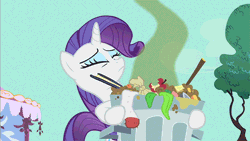 Size: 640x360 | Tagged: safe, derpibooru import, screencap, rarity, pony, unicorn, party of one, animated, eyes closed, female, freegan, mare, smelly, solo, trash, trash can, visible stench