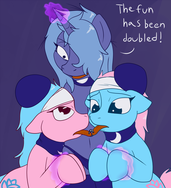 Size: 1500x1650 | Tagged: semi-grimdark, suggestive, artist:skoon, derpibooru import, aloe, lotus blossom, princess luna, alicorn, earth pony, pony, naughty luna, age difference, bondage, clothes, collar, dubious consent, female, floppy ears, forced, forced kiss, forced lesbian, incest, kissing, lesbian, lunaughty, magical bondage, mare, panties, piercing, restraints, s1 luna, shared piercing, shipping, socks, spa twins, spacest, tongue out, tongue piercing, twincest, twins, underwear