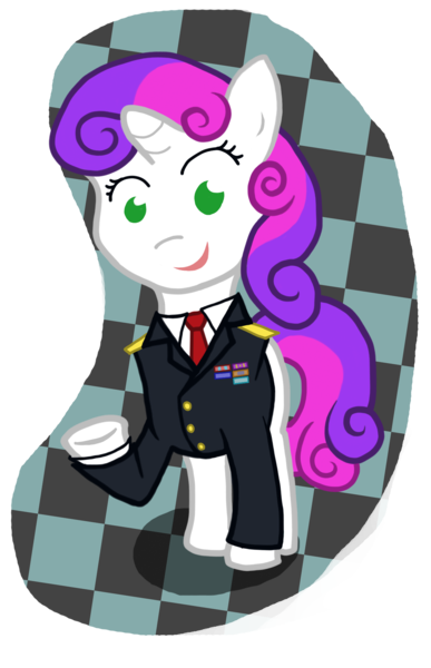 Size: 1280x1984 | Tagged: safe, artist:troggle, derpibooru import, sweetie belle, pony, unicorn, abstract background, clothes, costume, cute, female, filly, no pupils, raised hoof, simple background, solo, transparent background, uniform