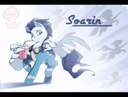 Size: 1250x950 | Tagged: safe, artist:science fox, derpibooru import, soarin', pegasus, pony, abstract background, drink, drinking, drinking straw, feather guns, goggles, male, raised hoof, solo, stallion, swag, wing gesture, wing hands, wing hold, wonderbolts, wonderbolts uniform