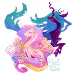 Size: 600x600 | Tagged: safe, artist:phuijl, derpibooru import, princess cadance, queen chrysalis, alicorn, changeling, changeling queen, pony, duo, duo female, eyes closed, fangs, female, flower, image, mare, png, signature, simple background, smiling, white background
