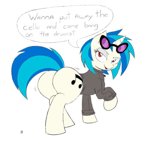Size: 839x810 | Tagged: suggestive, artist:joey darkmeat, derpibooru import, vinyl scratch, pony, unicorn, bedroom eyes, bottomless, clothes, dj boot-3, female, implied lesbian, implied scratchtavia, implied shipping, looking back, mare, plot, simple background, smiling, solo, solo female, vinyl ass, white background