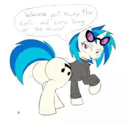 Size: 839x810 | Tagged: suggestive, artist:joey darkmeat, derpibooru import, vinyl scratch, pony, unicorn, bedroom eyes, bottomless, clothes, dj boot-3, female, implied lesbian, implied scratchtavia, implied shipping, looking back, mare, plot, simple background, smiling, solo, solo female, vinyl ass, white background