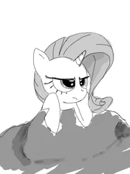 Size: 480x640 | Tagged: safe, artist:that-technique, derpibooru import, rarity, pony, unicorn, annoyed, female, leaning, mare, monochrome, solo