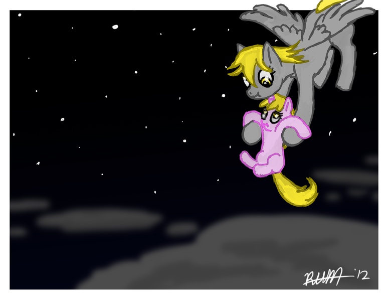 Size: 3300x2550 | Tagged: safe, artist:r-h-maclanahan, derpibooru import, derpy hooves, dinky hooves, pegasus, pony, unicorn, carrying, duo, duo female, equestria's best mother, female, filly, flying, high res, mare, night, photoshop