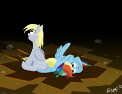 Size: 3300x2550 | Tagged: safe, artist:r-h-maclanahan, derpibooru import, derpy hooves, rainbow dash, pegasus, pony, accident, duo, duo female, female, high res, injured, mare, photoshop, side, sitting