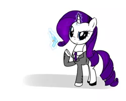 Size: 1000x800 | Tagged: safe, artist:that-technique, derpibooru import, rarity, pony, unicorn, clothes, female, looking at you, mare, raised hoof, smiling, smirk, solo, suit, watergun
