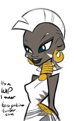 Size: 426x696 | Tagged: artist:tarajenkins, dark skin, derpibooru import, female, human, humanized, safe, simple background, solo, white background, zecora