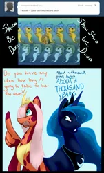 Size: 969x1600 | Tagged: safe, artist:severus, derpibooru import, princess luna, oc, alicorn, kelpie, pony, sea pony, ask windswept, female, mare, princess aurora, shoo be doo